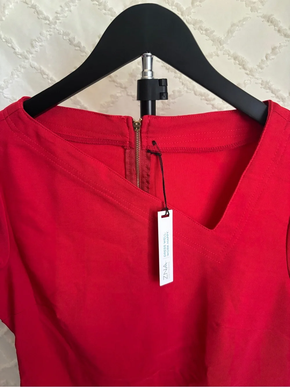 NWT ZNA Uniforms Red Asymmetrical Neck Stretch Scrub Top Women’s Size 10 - Picture 2 of 10